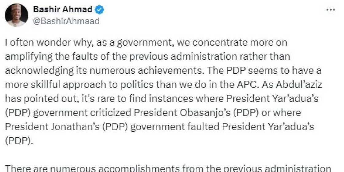 Bashir Ahmad tweet of praising PDP/APC vs PDP Bashir Ahmad tweet of praising PDP/APC vs PDP