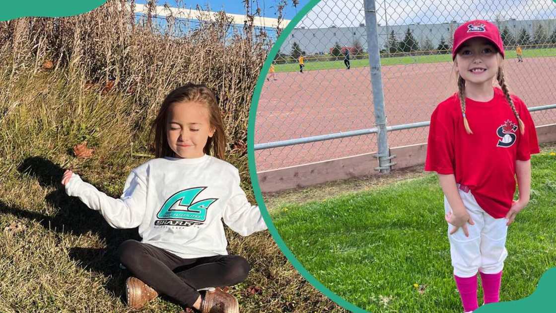 Bay Bieber doing yoga (L). Bay Bieber posing in a field (R).