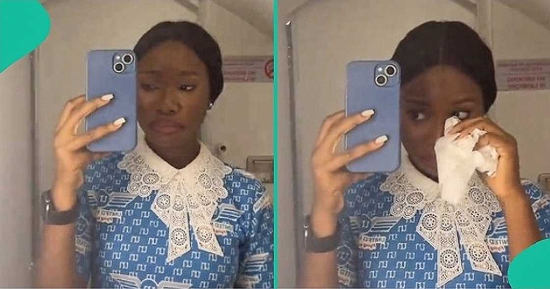 Flight attendant cries in lavatory Flight attendant cries in lavatory