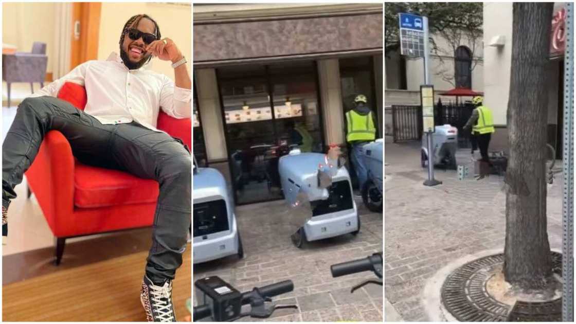 Nigerian comedian sees robot delivery goods by itself, shows amazement in video Nigerian comedian sees robot delivery goods by itself, shows amazement in video