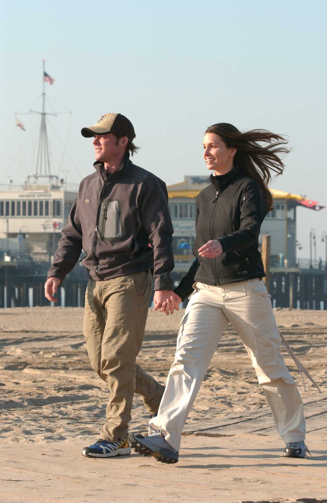 Colin Guinn and Christie Woods take off from the Santa Monica Pier in Los Angeles