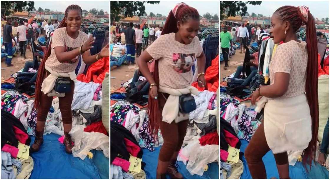 Photos of a clothe seller dancing in her shop.