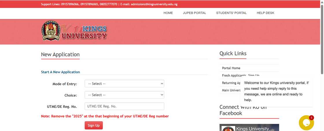 Kings University log in page