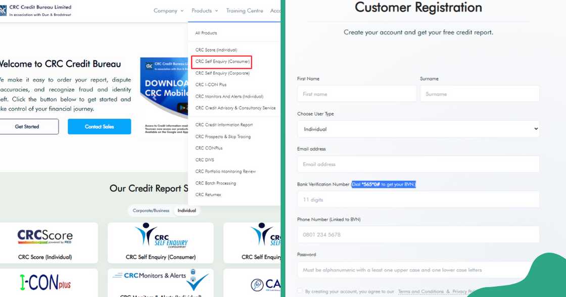 Screenshots showing the process of checking your credit bureau status through CRC Credit Bureau.