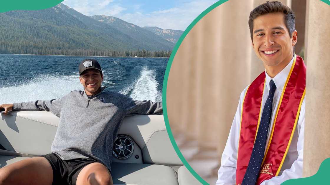 Jacob De La Hoya sitting on a boat. Jacob smiling and leaning casually against a stone column