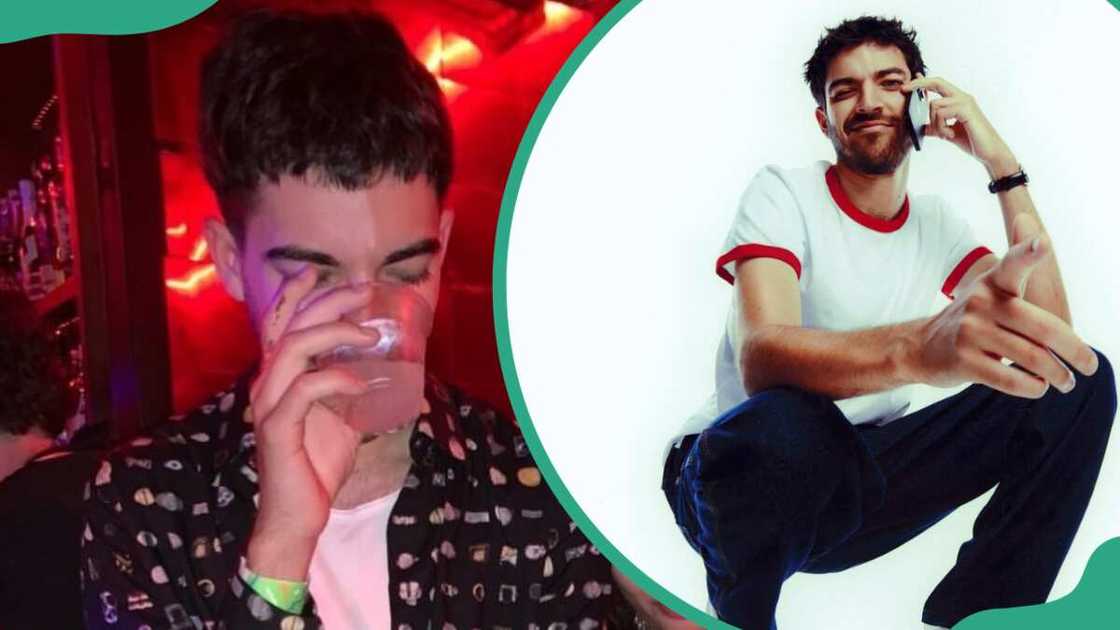 Adam at an entertainment joint sipping a drink (L) and the actor on the phone (R) Adam at an entertainment joint sipping a drink (L) and the actor on the phone (R)