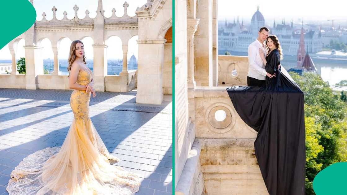 Newlyweds pose for photographs in Budapest, Hungary.