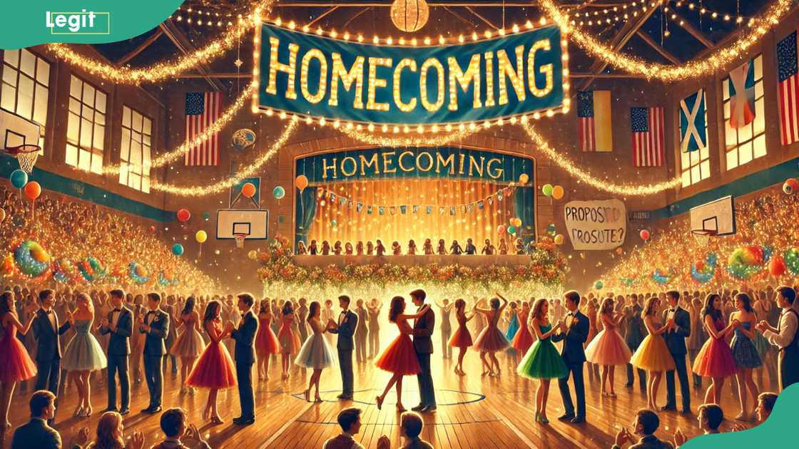 Homecoming dance scene in a beautifully decorated venue