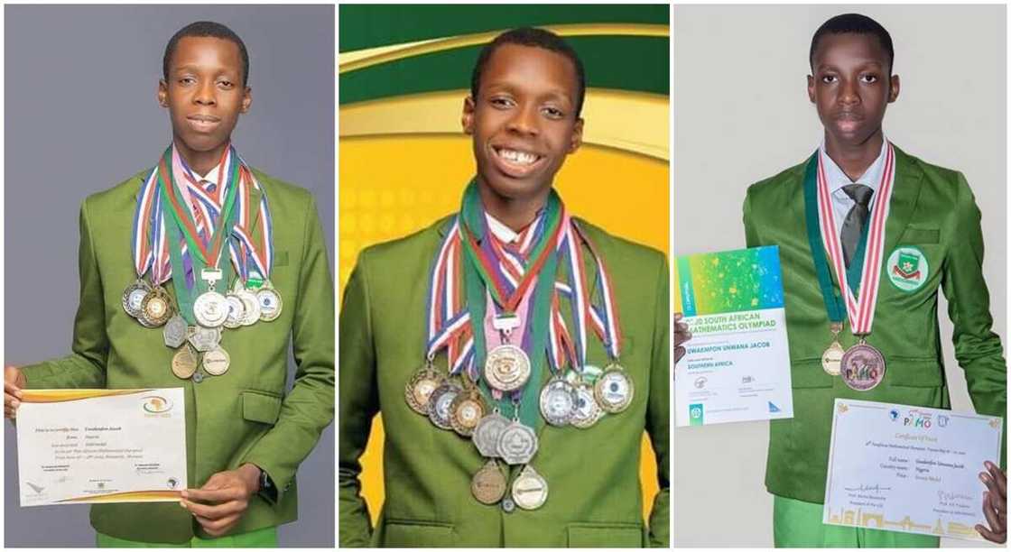 Uwakmfon Unwana Jacob displaying his medals and certificates.