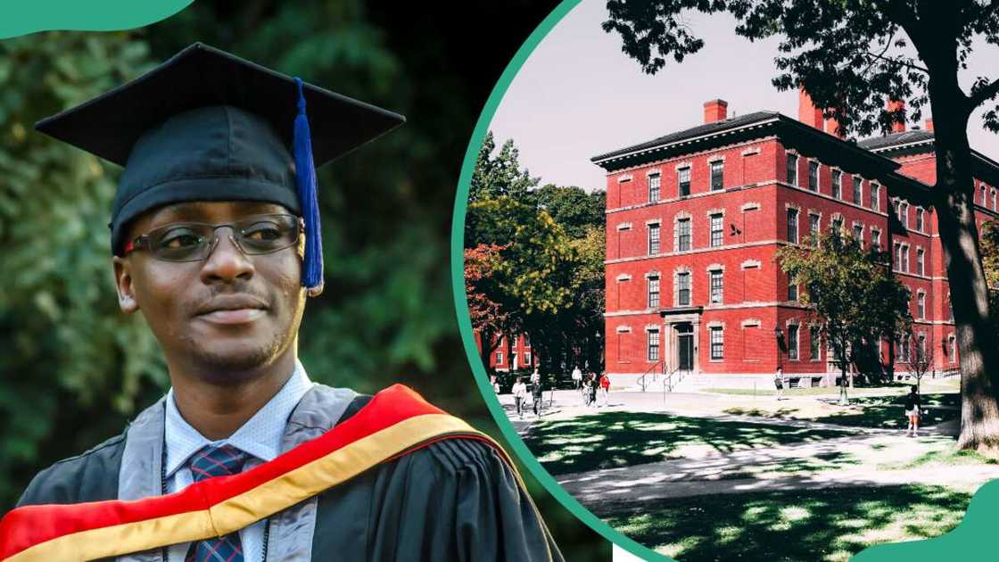 Photo of a man wearing graduation gown and an institution