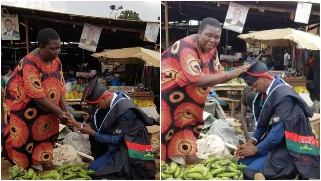 Young man kneels for his mum in market place, thanks her for all her sacrifices Young man kneels for his mum in market place, thanks her for all her sacrifices