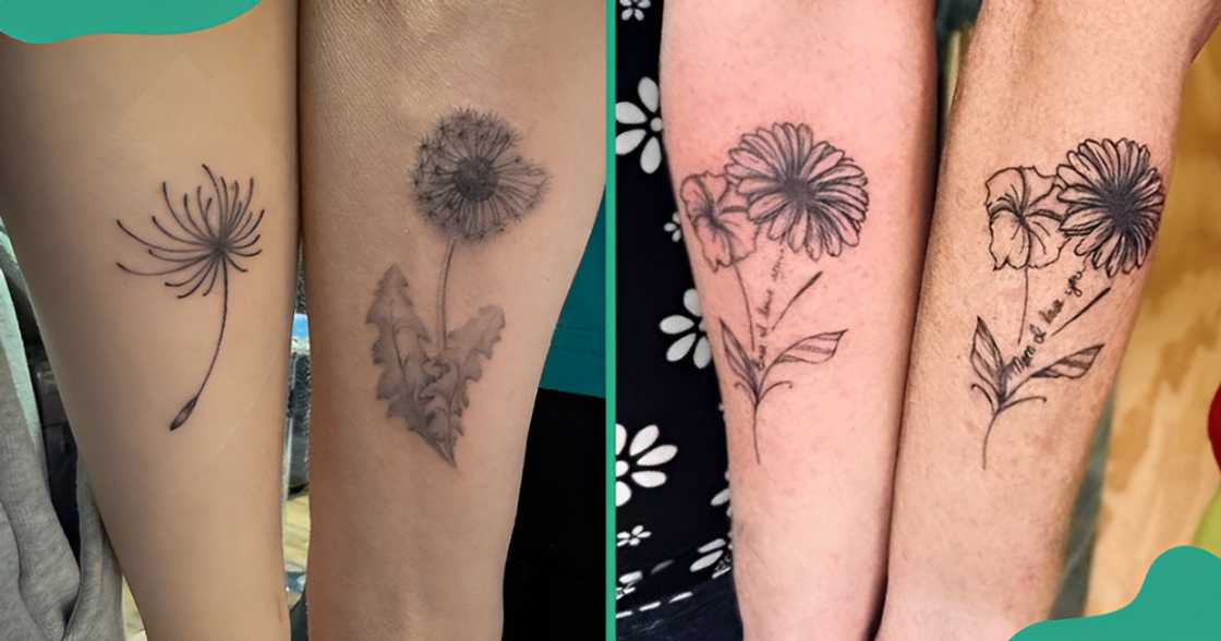 Mother and daughter dandelion tattoos on the legs and arms