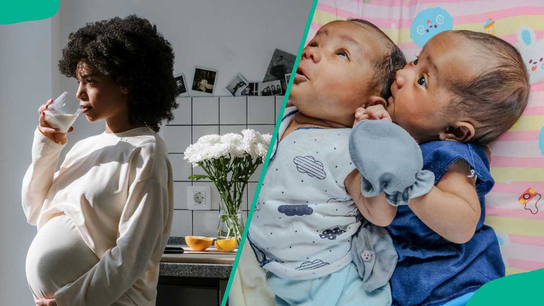 Pregnant Woman Drinking Milk (L), Twin Babies Lying in a Crib (LR) Pregnant Woman Drinking Milk (L), Twin Babies Lying in a Crib (LR)