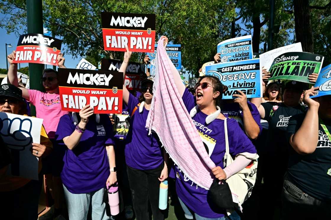 Hundreds of Disneyland employees gathered for a protest in a parking lot outside the Disneyland theme parks in Anaheim, a suburb of Los Angeles