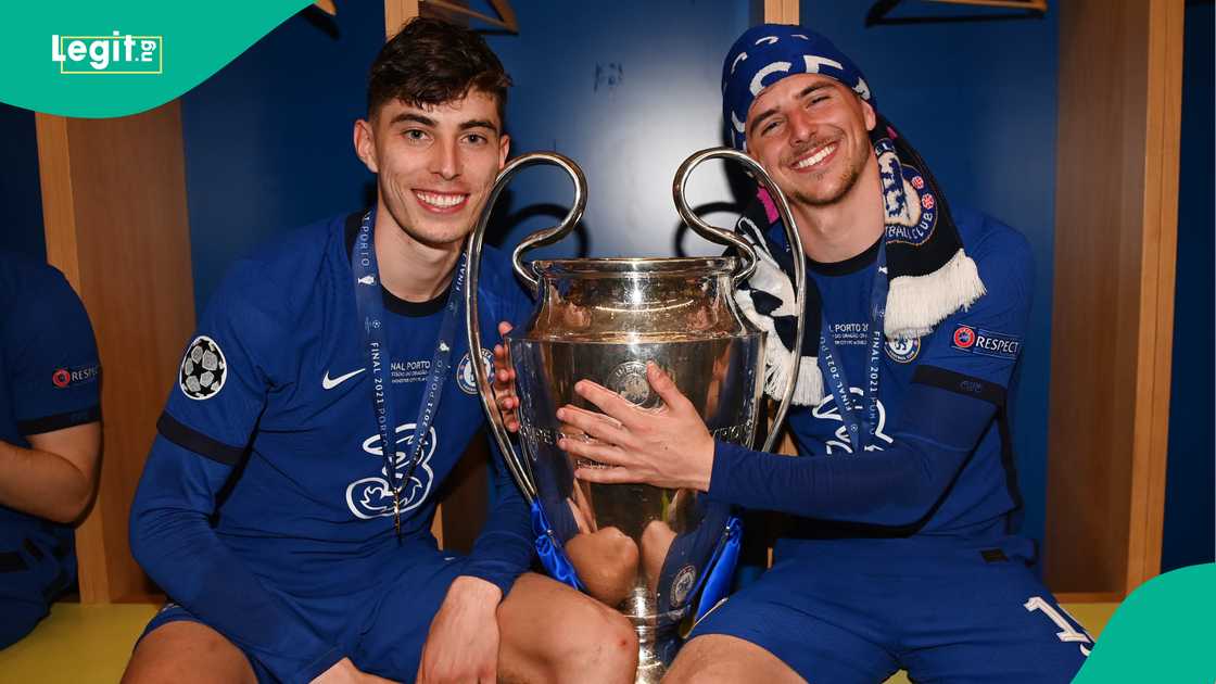 Kai Havertz and Mason Mount with the Champions League trophy after Chelsea won the final in 2021. Photo by Darren Walsh