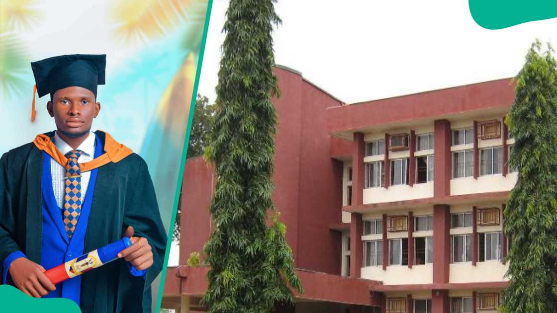 A male UNIZIK student in a graduation gown (L). UNIZIK building (R). A male UNIZIK student in a graduation gown (L). UNIZIK building (R).