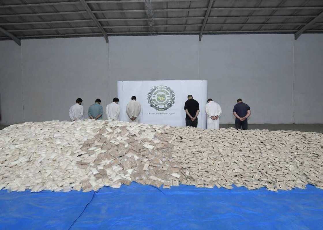 Alleged captagon smugglers who tried to smuggle 47 million pills into Saudi Arabia are paraded before the cameras in Riyadh in August Alleged captagon smugglers who tried to smuggle 47 million pills into Saudi Arabia are paraded before the cameras in Riyadh in August