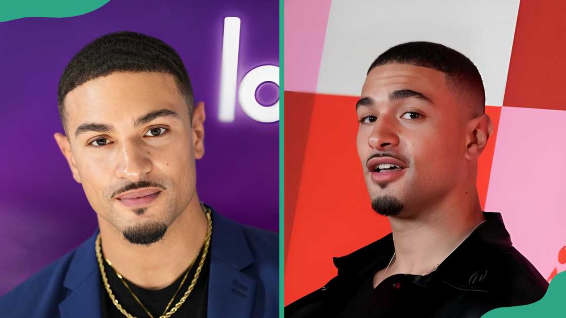 Miguel Harichi poses at the Love Island USA: The Reunion (L). and in West Hollywood, California (R) Miguel Harichi poses at the Love Island USA: The Reunion (L). and in West Hollywood, California (R)