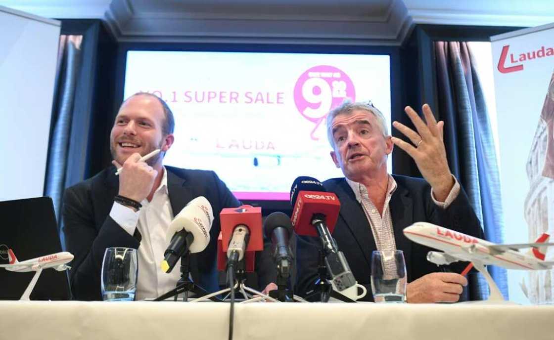 The heads of low-cost airlines Lauda and Ryanair promoting their summer 2020 Austria routes, which included fares as low as 9.99 euros