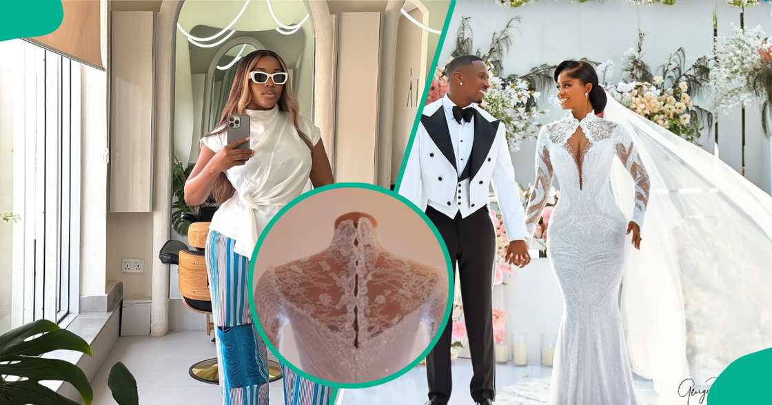 Veekee James shares making of Priscy Ojo's white wedding dress. Veekee James shares making of Priscy Ojo's white wedding dress.