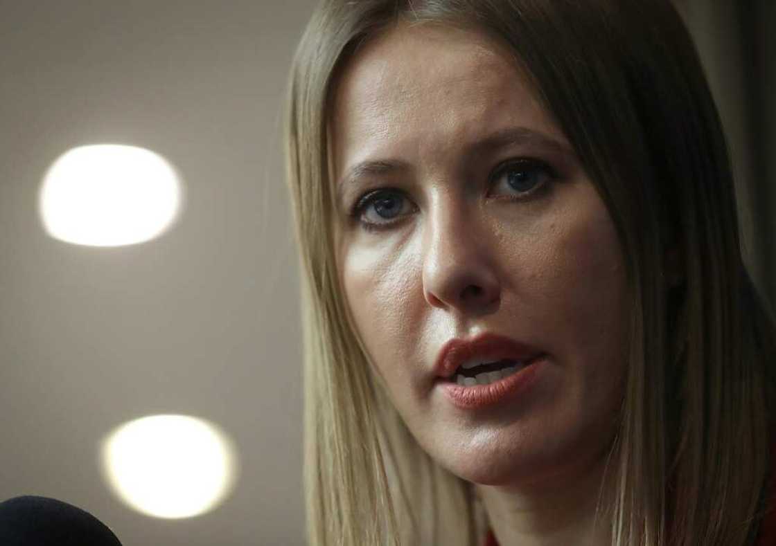 Russian media personality and former presidential candidate Ksenia Sobchak speaks to reporters in Washington, DC in February 2018
