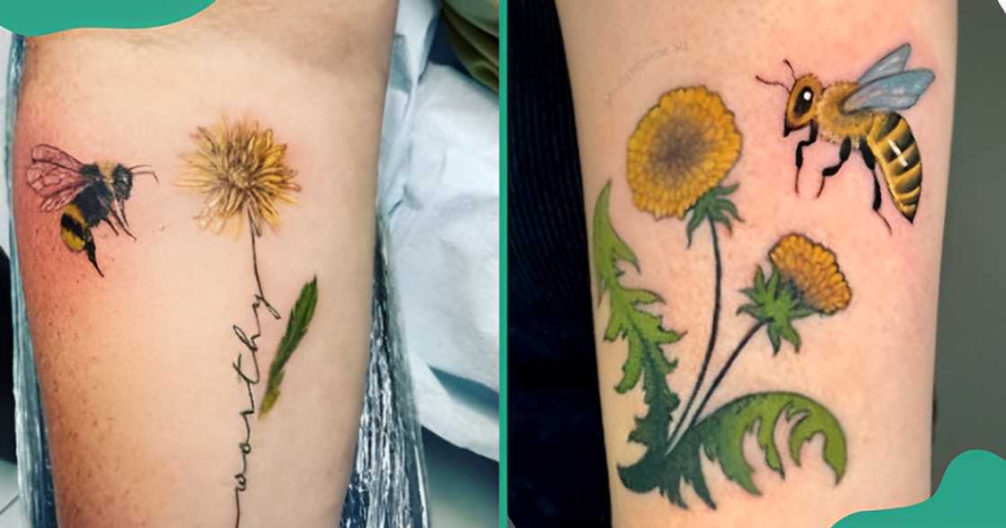 Realistic dandelion flower tattoos with elements such as bees on the arm. Realistic dandelion flower tattoos with elements such as bees on the arm.