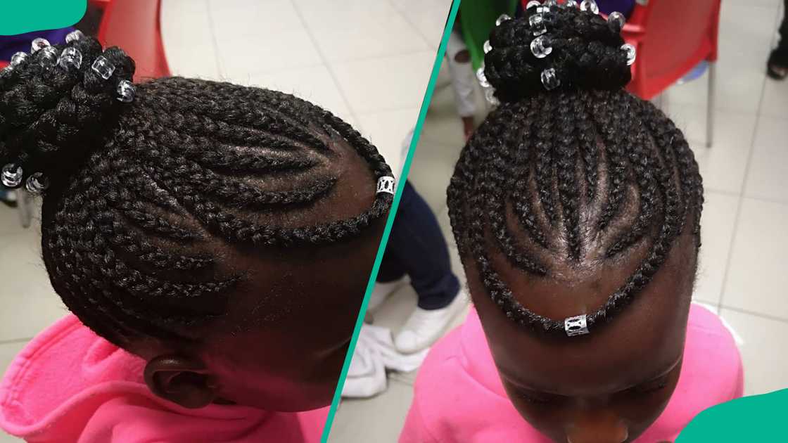 Updo cornrows with extensions with an accessorised hanging braid on the forehead Updo cornrows with extensions with an accessorised hanging braid on the forehead