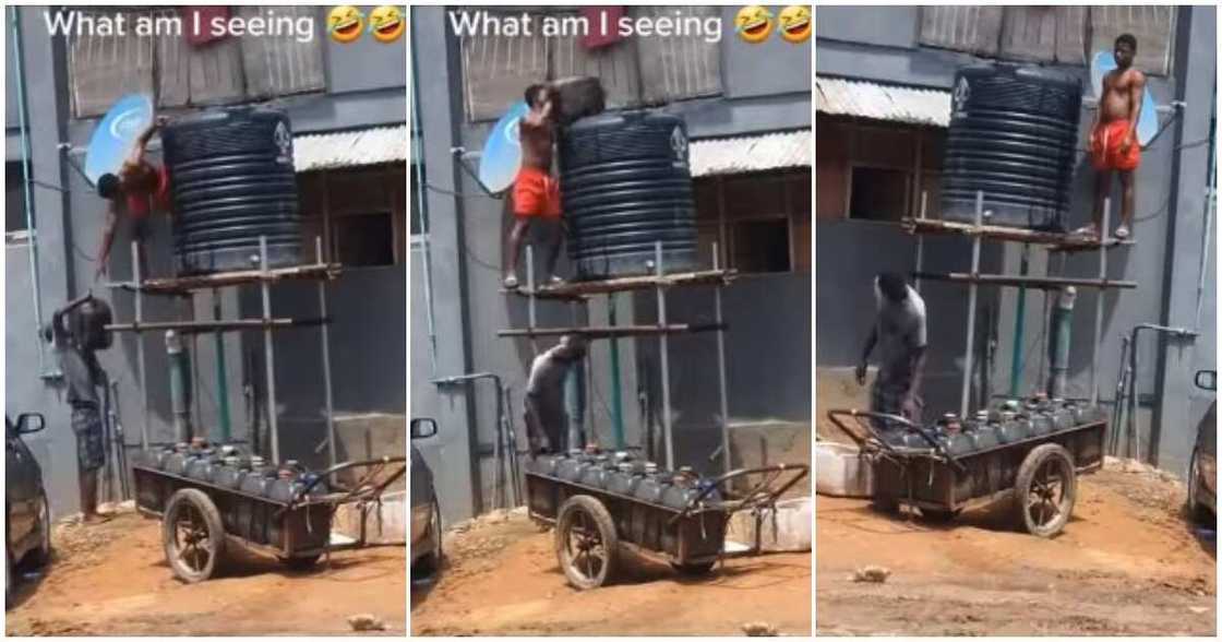 Wheelbarrow of kegs, tank, water, Nigerian man