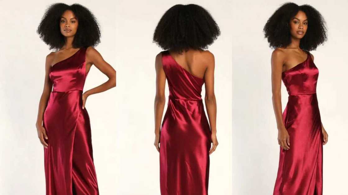 One arm straight maroon gown One arm straight maroon gown
