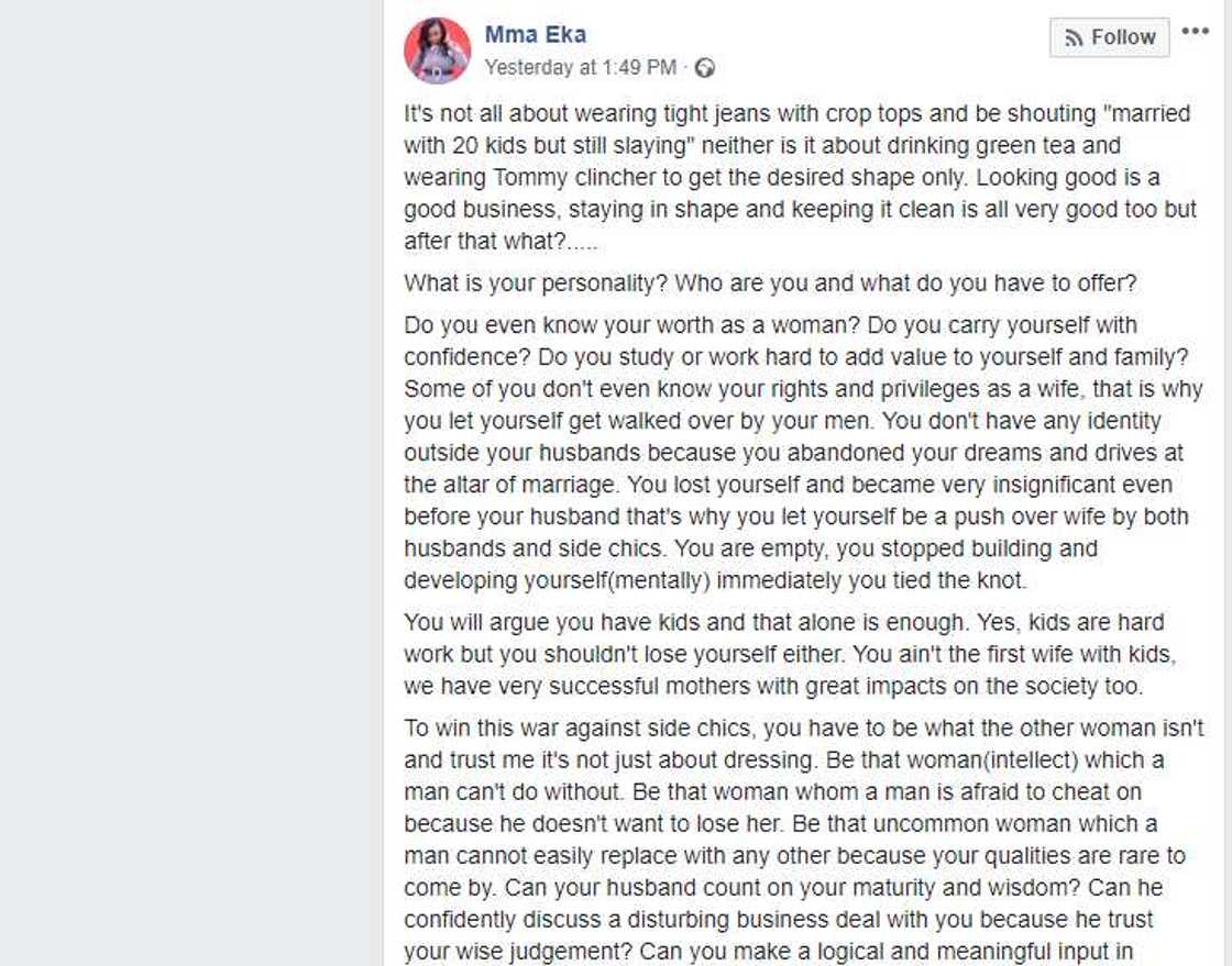 Lady teaches married women how to win war against side chics