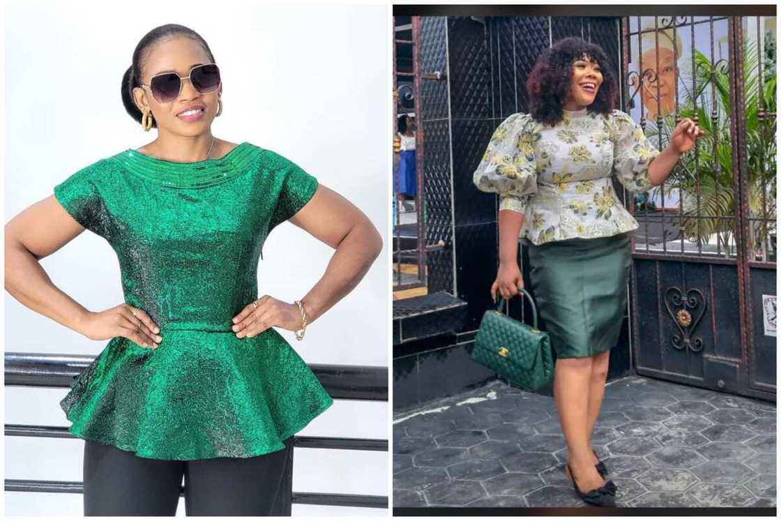 Ladies showing different variations of damask peplum top Ladies showing different variations of damask peplum top