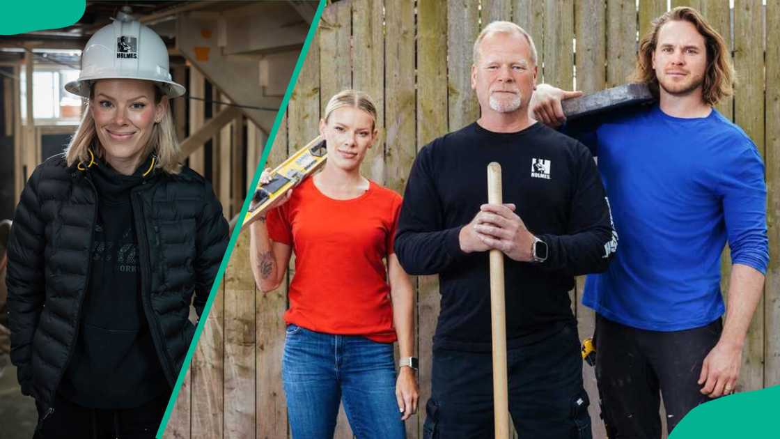 Sherry standing it a construction site alone and takes a picture with her dad and brother