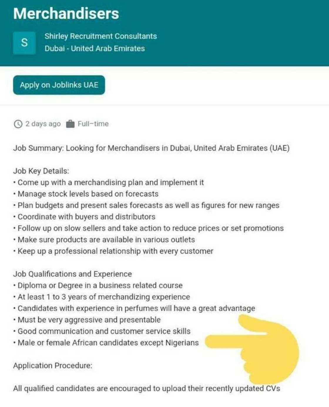 Dubai companies exclude Nigerian applicants from vacancies Dubai companies exclude Nigerian applicants from vacancies