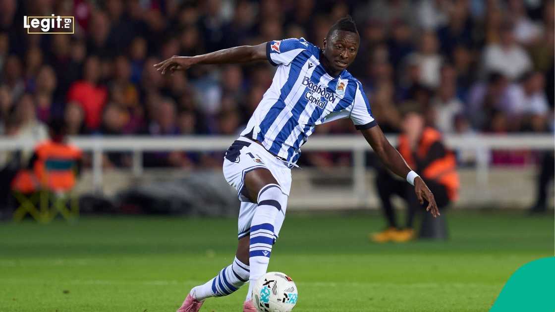 Umar Sadiq, La Liga, Barcelona, Real Sociedad, Estadi Olimpic Lluis Companys, Spain. Umar Sadiq, La Liga, Barcelona, Real Sociedad, Estadi Olimpic Lluis Companys, Spain.