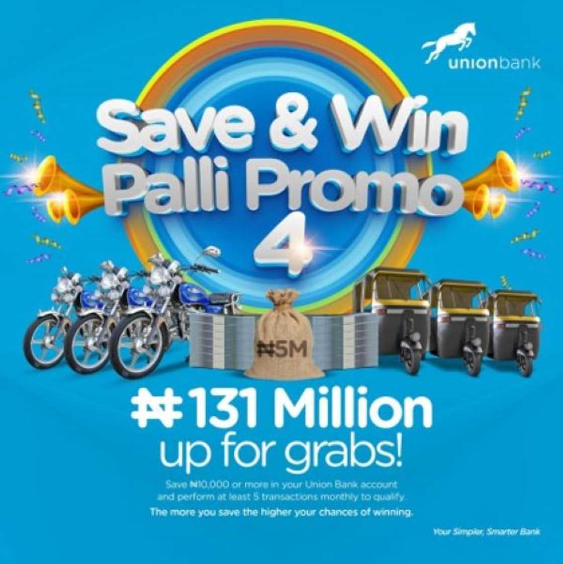 N131m up for grabs as Union Bank kicks off the 4th season of the Save and Win Palli Promo N131m up for grabs as Union Bank kicks off the 4th season of the Save and Win Palli Promo