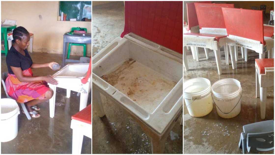 Chairs and tables/Teacher worked hard. Chairs and tables/Teacher worked hard.