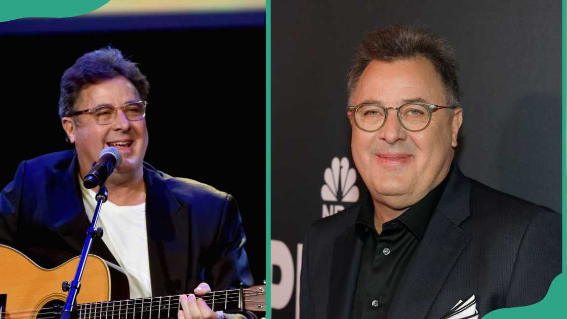 Vince Gill performs onstage at the Ryman Auditorium (L), and he poses at Grand Ole Opry (R)