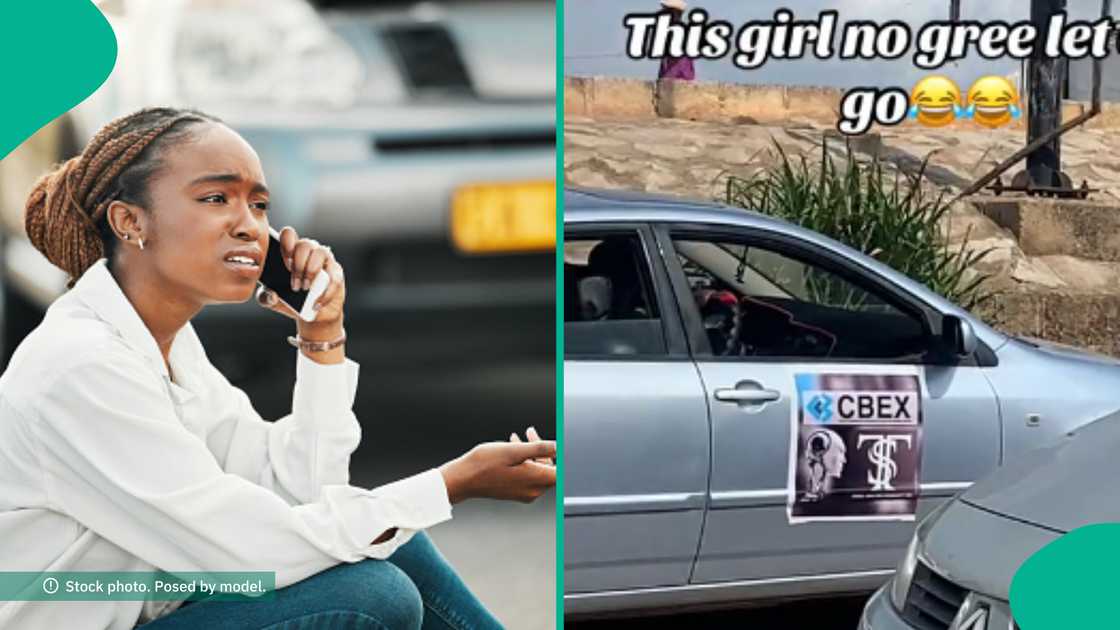 Lady blocks car with CBEX logo on road, video trends online Lady blocks car with CBEX logo on road, video trends online