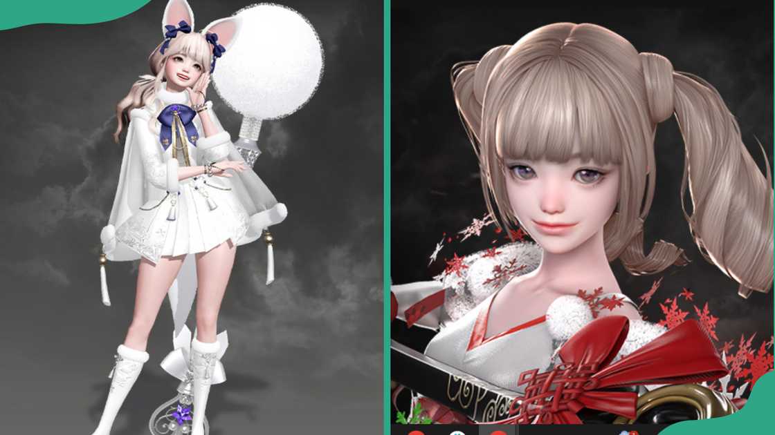 Artist in a white with fluffy outfit (L). Artist in striking red and white (R). Artist in a white with fluffy outfit (L). Artist in striking red and white (R).