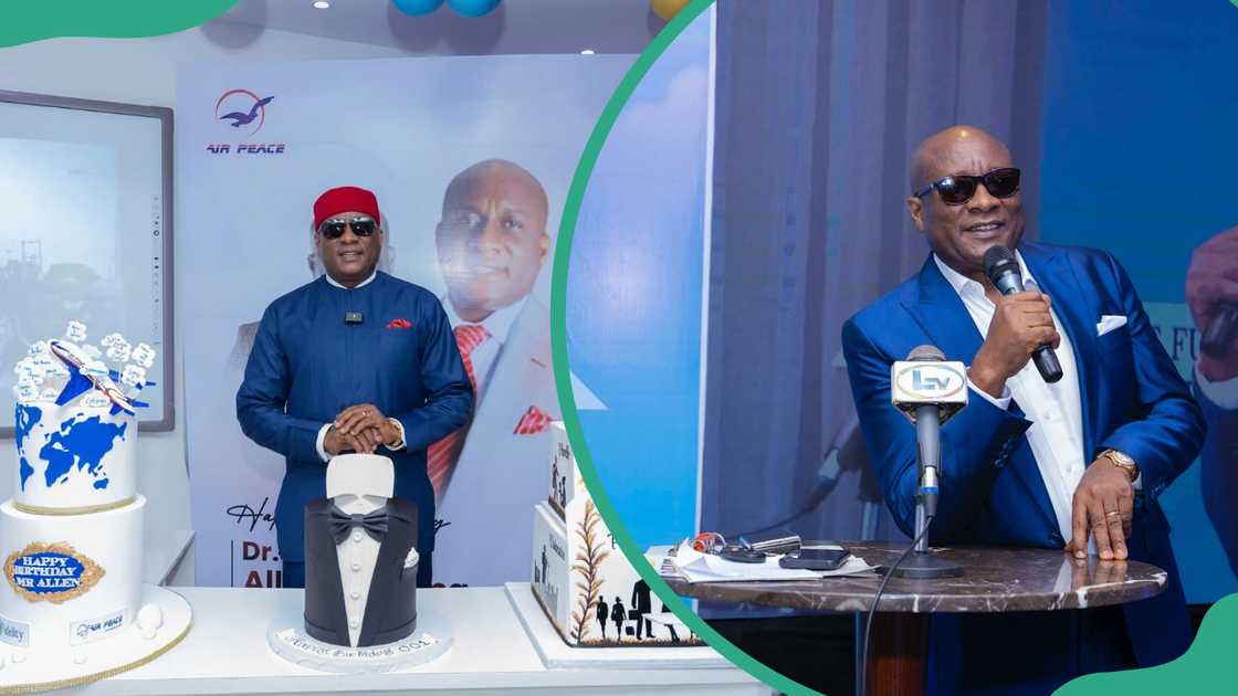 Allen Onyema posing for a photo during an event to celebrate his birthday (L). The Nigerian entrepreneur giving a speech while leaning on a round table (R). Allen Onyema posing for a photo during an event to celebrate his birthday (L). The Nigerian entrepreneur giving a speech while leaning on a round table (R).