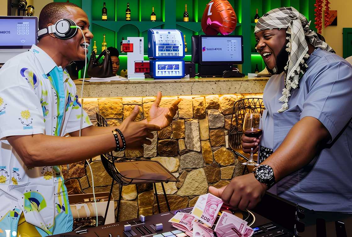 Coolio Restro Lounge & Club's DJ and a guest laugh together. Coolio Restro Lounge & Club's DJ and a guest laugh together.