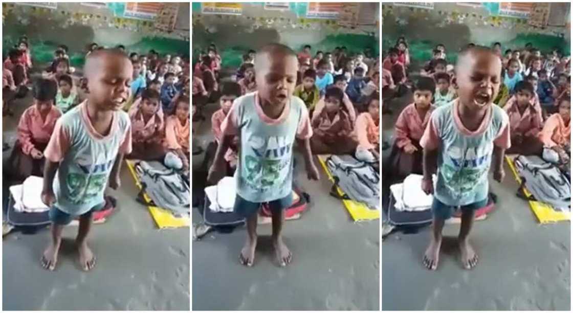 Photos of a primary school boy teaching his classmates.