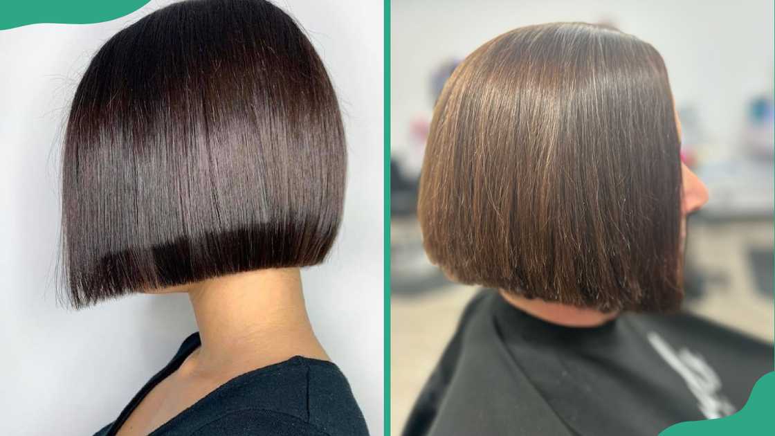 Two women showing sideview of their precise bob hairstyle Two women showing sideview of their precise bob hairstyle