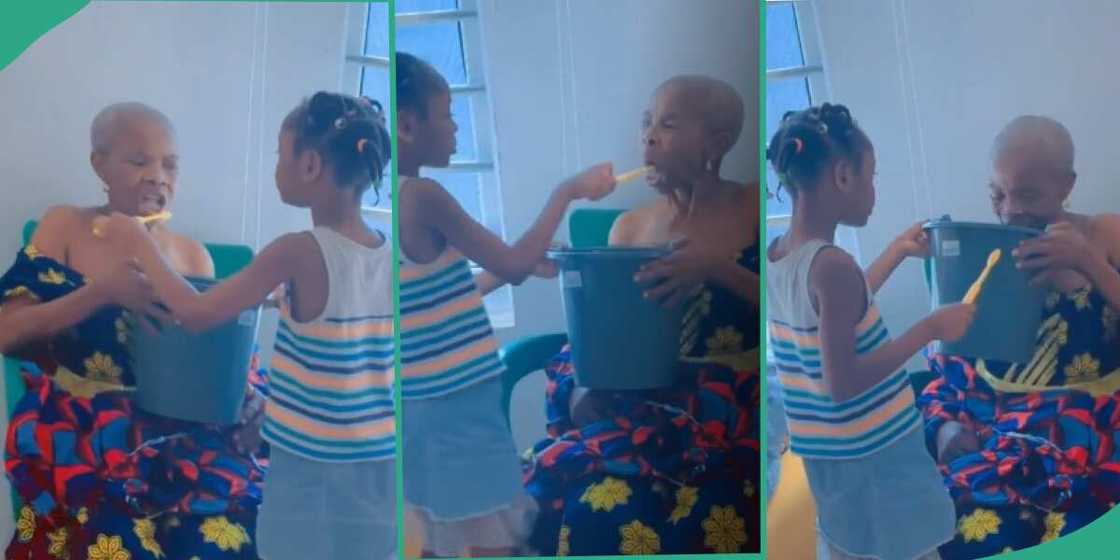 Little girl brushes her grandma's teeth, makes mum emotional Little girl brushes her grandma's teeth, makes mum emotional