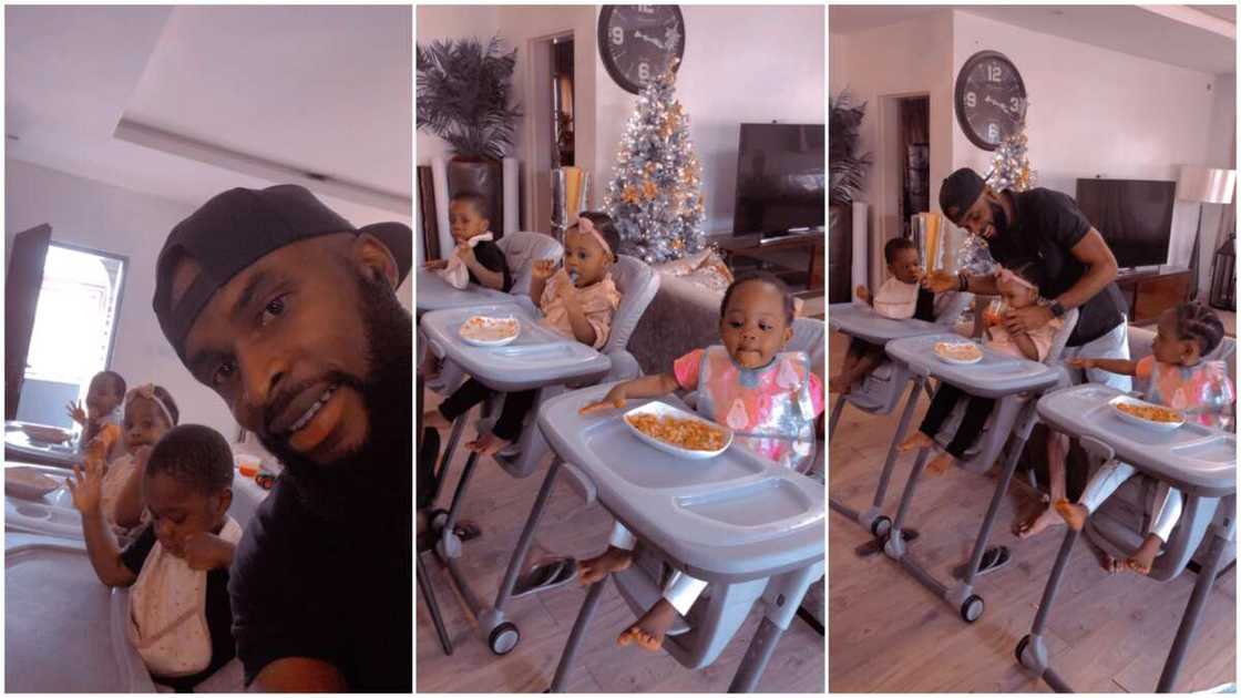 Photos of man babysitting cute triplets as they eat their food break the internet