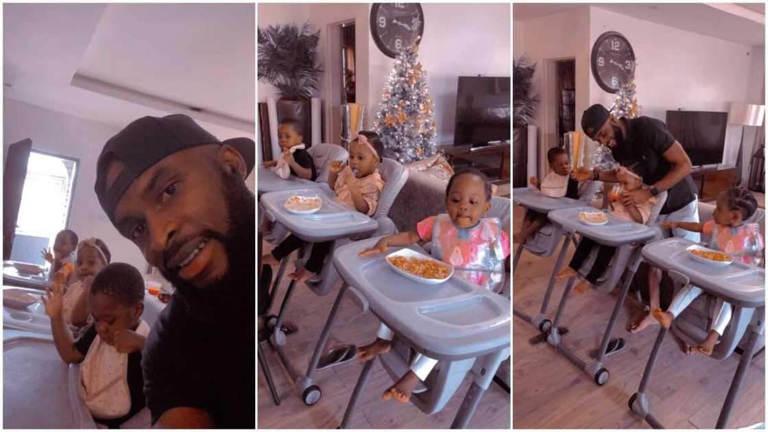 Photos of man babysitting cute triplets as they eat their food break the internet Photos of man babysitting cute triplets as they eat their food break the internet