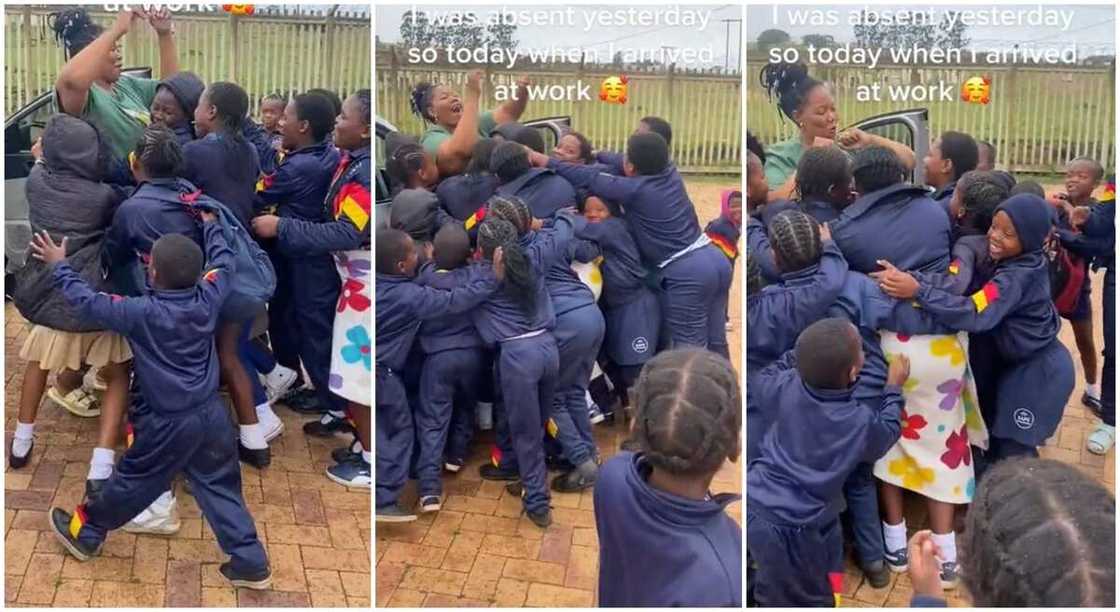 Photos of a teacher and her kids as they welcome her to school after she missed work for one day. Photos of a teacher and her kids as they welcome her to school after she missed work for one day.