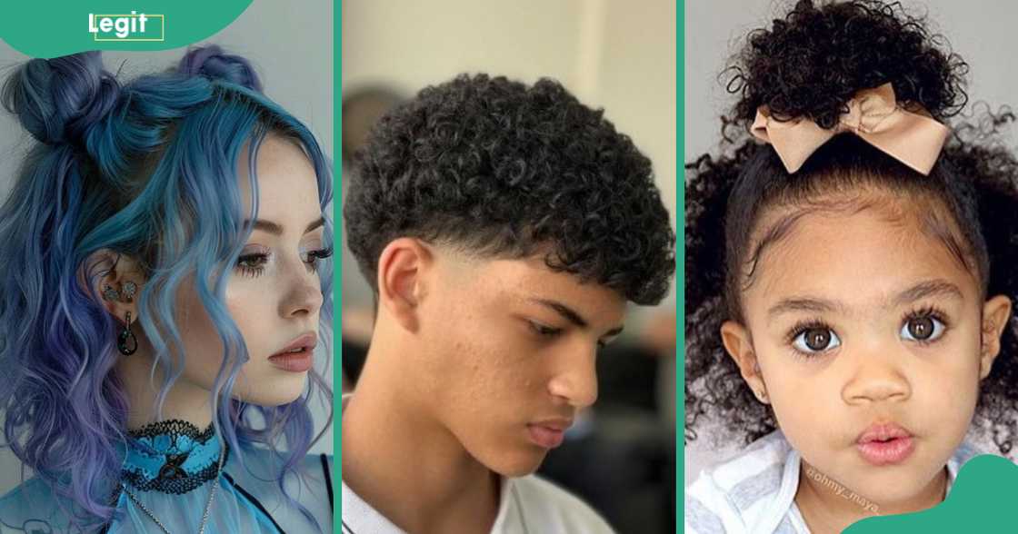 Space buns (L), short curly fringe (C), and half-up, half-down ponytail curly (R) hairstyles Space buns (L), short curly fringe (C), and half-up, half-down ponytail curly (R) hairstyles