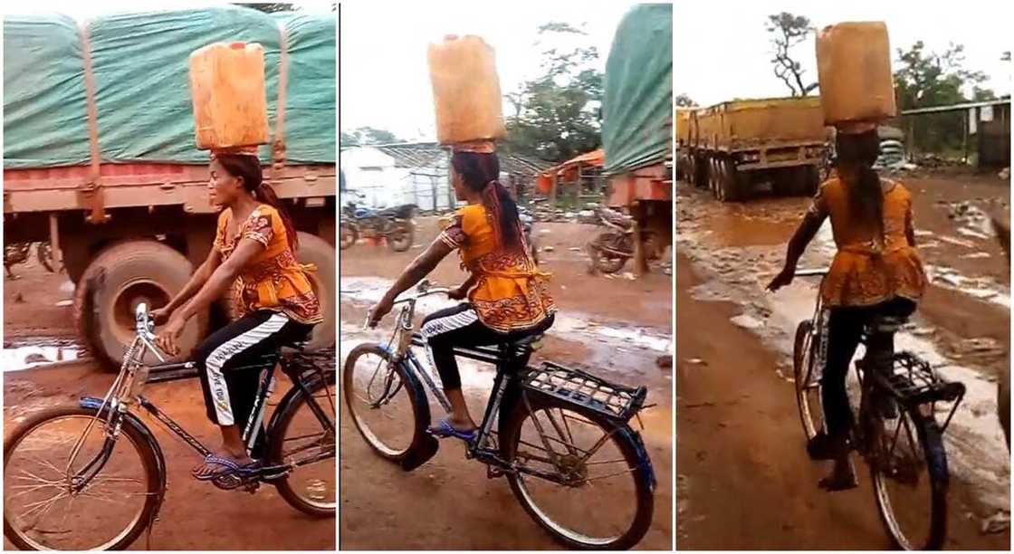 Photos of a woman riding a bicycle with jerrycan on her head. Photos of a woman riding a bicycle with jerrycan on her head.