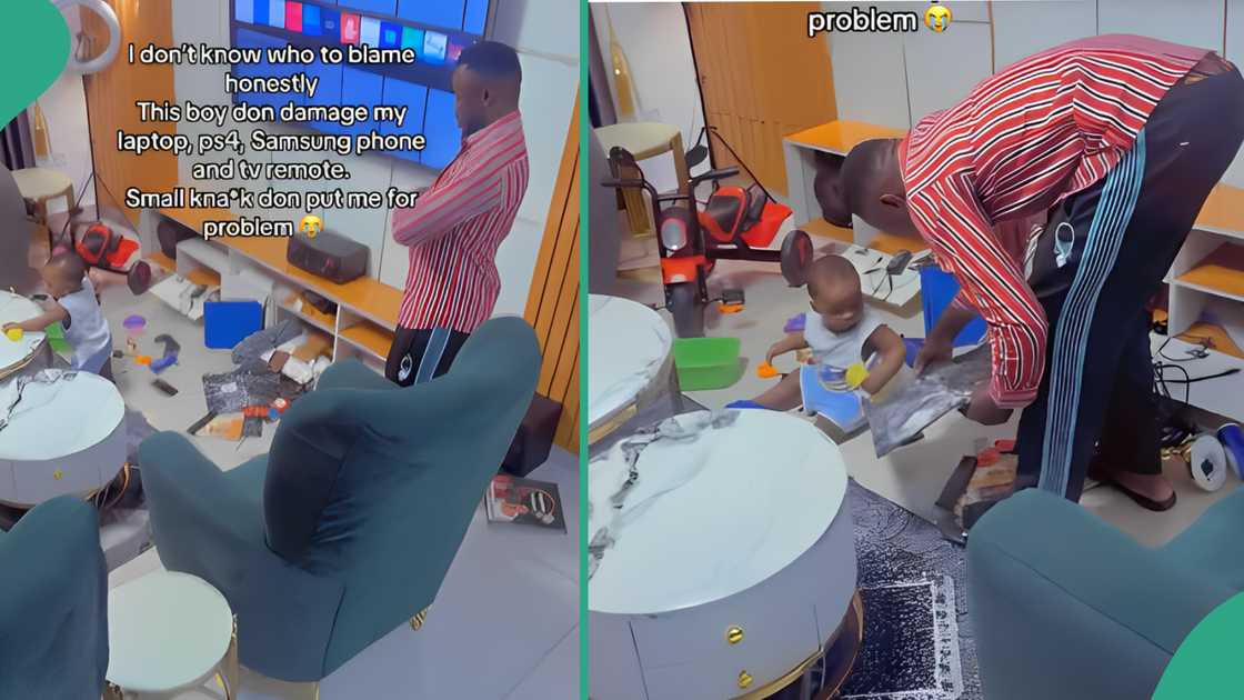 Nigerian man cries out, shows things his little son damaged in the house